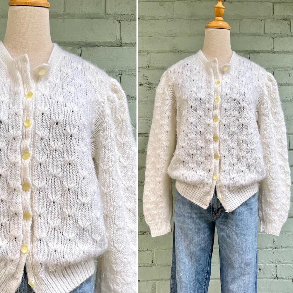 Vintage Cream Pointelle Knit Cardigan Sweater - Picture 8 of 8